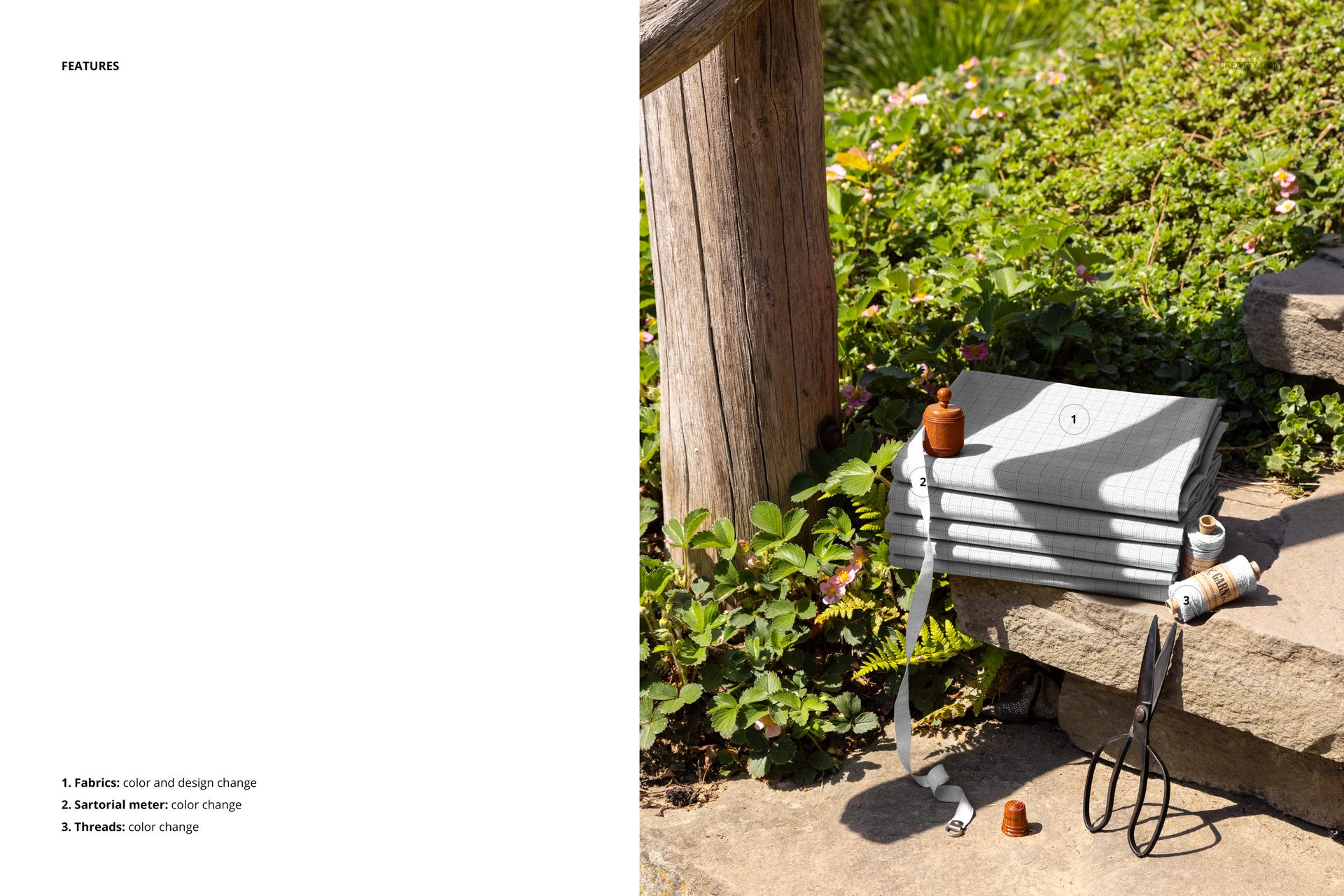 PSD mockup showing a pile of patterned fabrics on outdoor stone steps, with plants and sewing accessories in view.