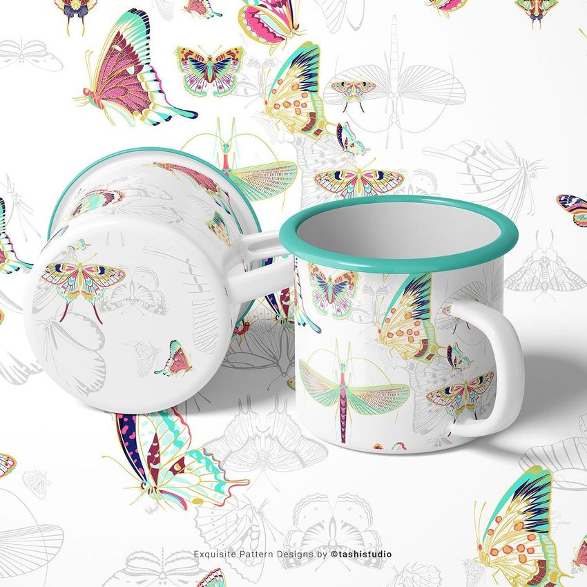 Enamel mug mockup set showing two mugs decorated with vibrant butterfly designs, surrounded by a seamless butterfly motif.