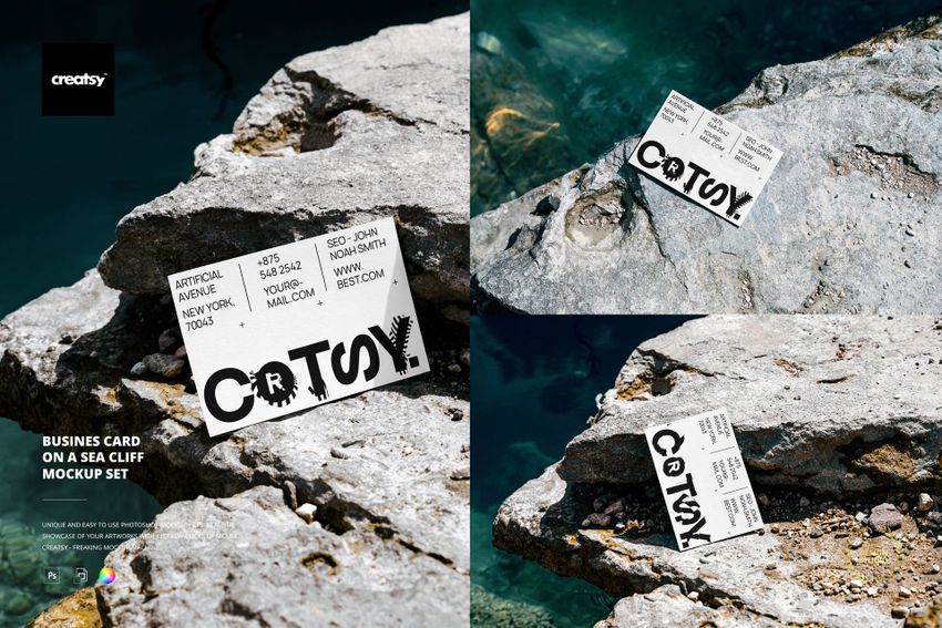 Business card mockup displayed on rugged sea cliff rocks with clear blue water, shown from multiple angles.