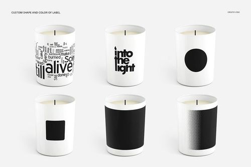Six scented candle mockups featuring minimalist black and white label patterns, displayed in a grid layout.