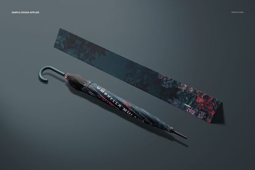 Umbrella and packaging mockup featuring a dark botanical design, shown from above on a neutral gray background.