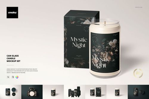 Mockup of a cylindrical glass candle with a floral design label, shown next to a coordinating rectangular packaging box.