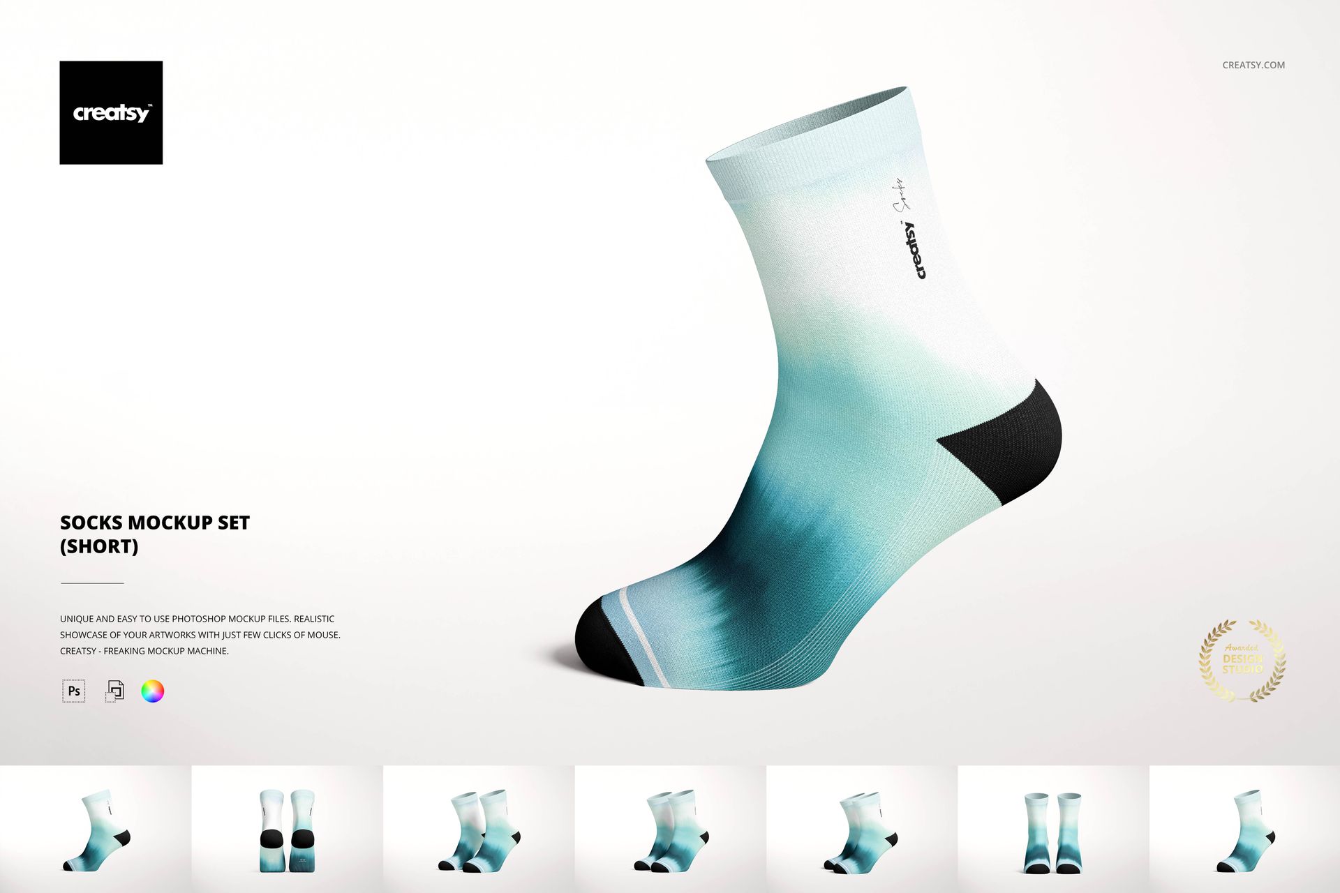 Short socks mockup featuring a single sock with a gradient blue and white pattern, displayed on a white background.