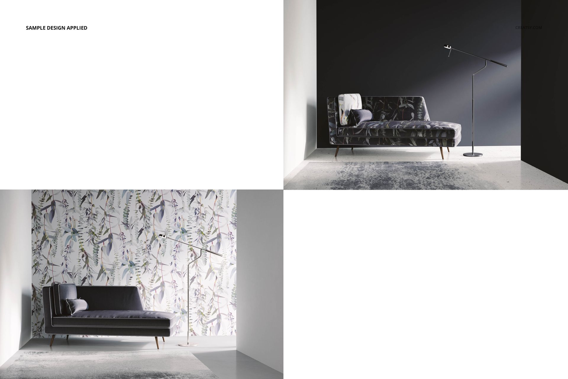 Chaise lounge sofa mockup shown in two interior scenes, one with a dark wall and one with a patterned wallpaper background.
