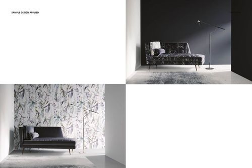 Chaise lounge sofa mockup shown in two interior scenes, one with a dark wall and one with a patterned wallpaper background.