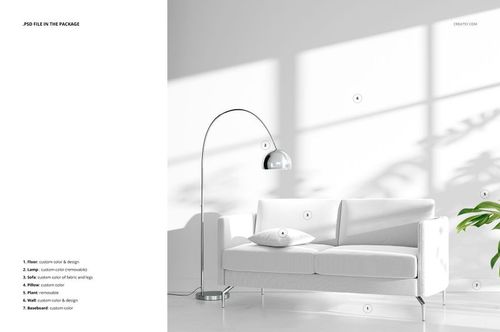 Modern living room scene with a white sofa, metal floor lamp, and shadowed wall, featuring Dibond and acrylic prints mockup.