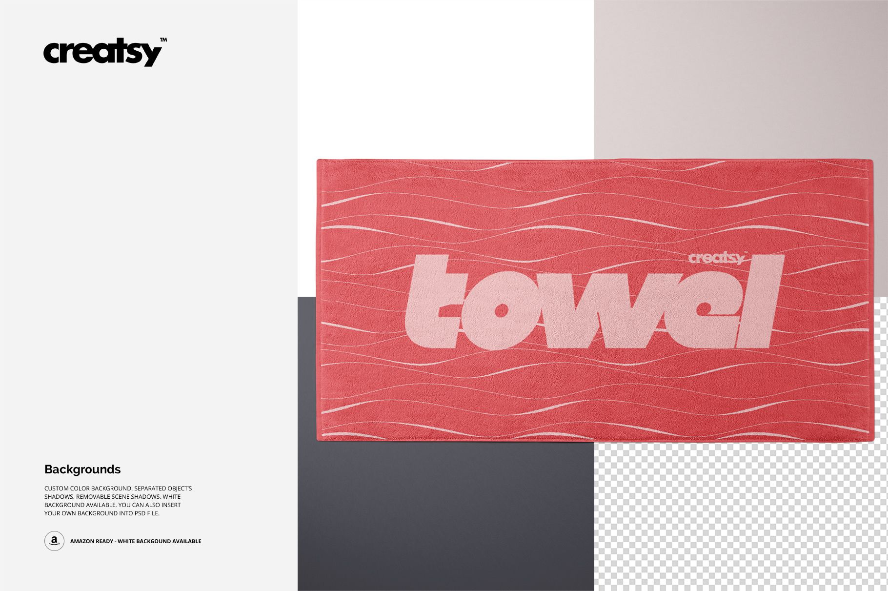 Rectangular towel mockup with a pink wavy pattern and large white text, shown from a top view on layered backgrounds.