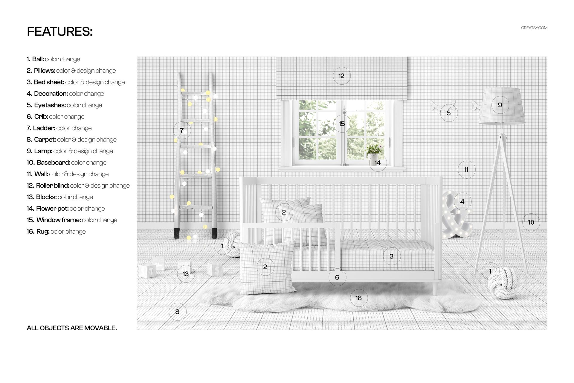 PSD mockup showing a white baby crib and bedding in a bright nursery with grid-patterned walls and various decor items.