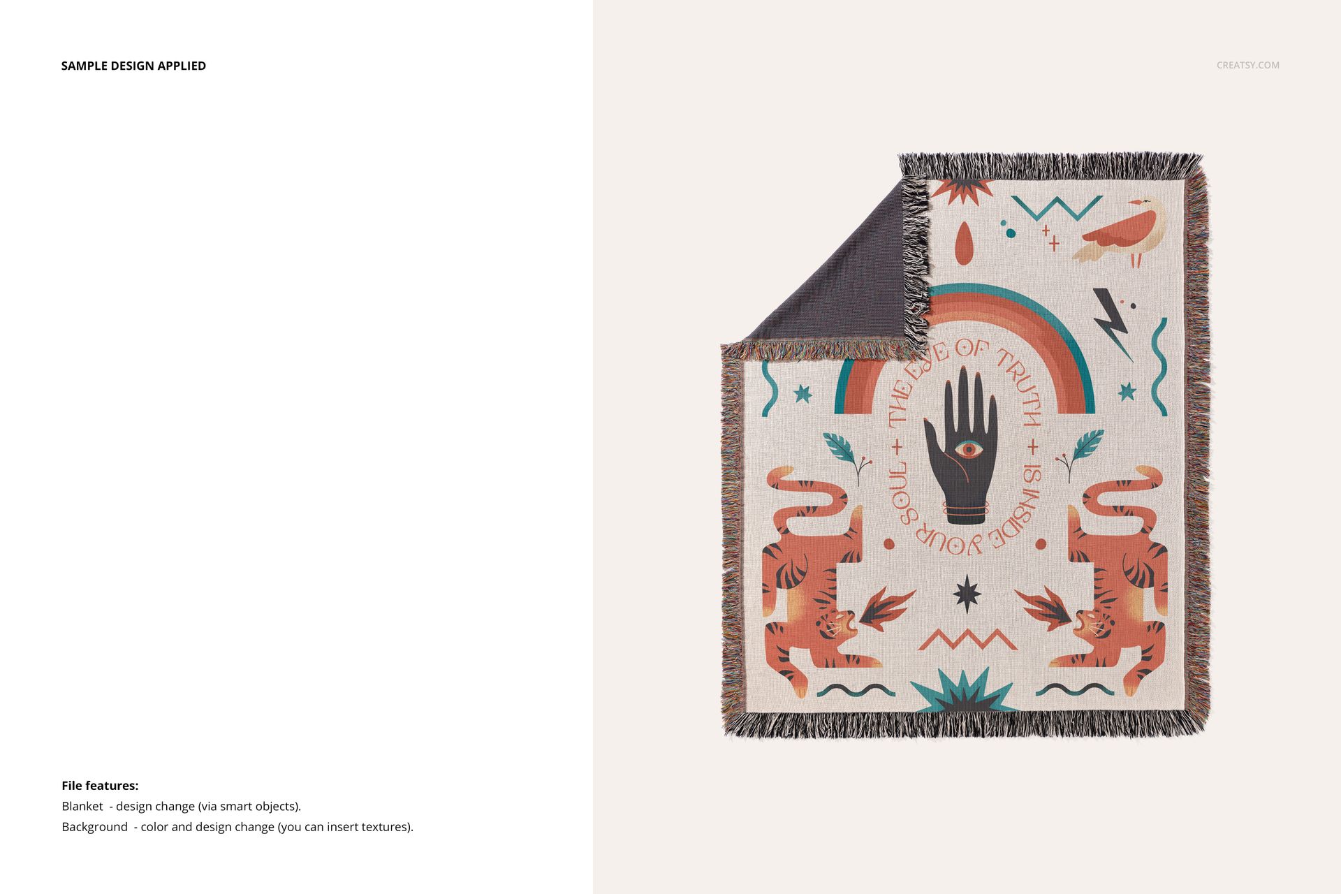 Woven throw blanket with fringed edges, featuring abstract hand and tiger motifs, shown in a top view mockup.