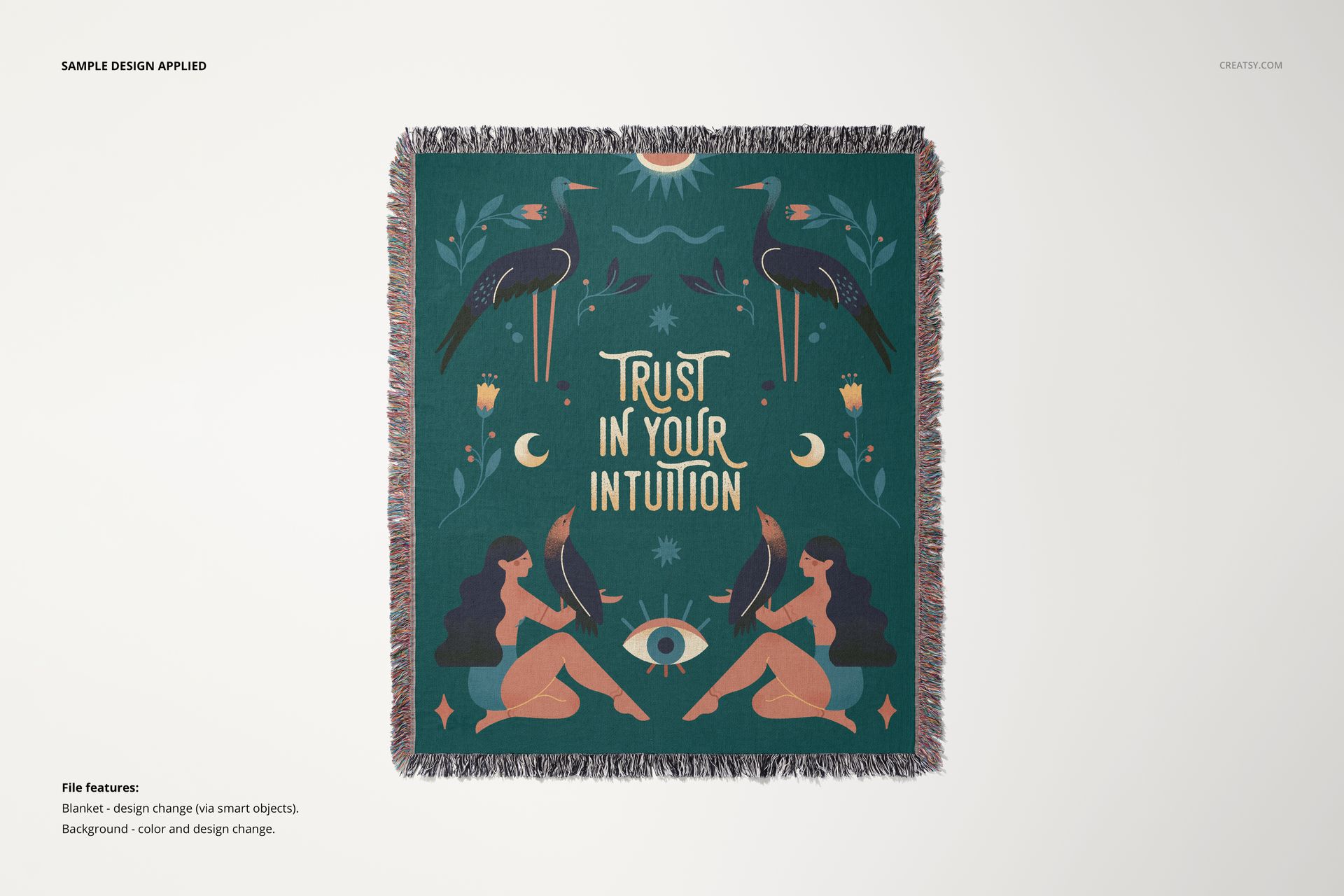 Jacquard fringed throw blanket mockup featuring a teal base, decorative motifs, and central text, top perspective.