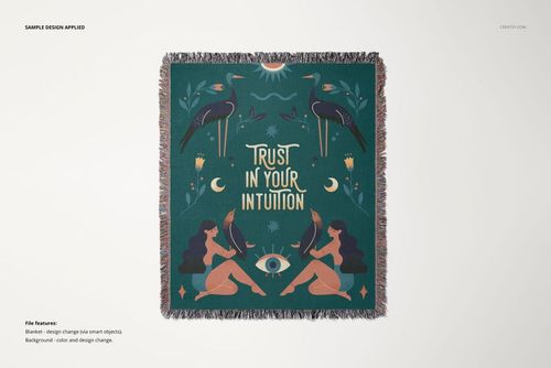 Jacquard fringed throw blanket mockup featuring a teal base, decorative motifs, and central text, top perspective.