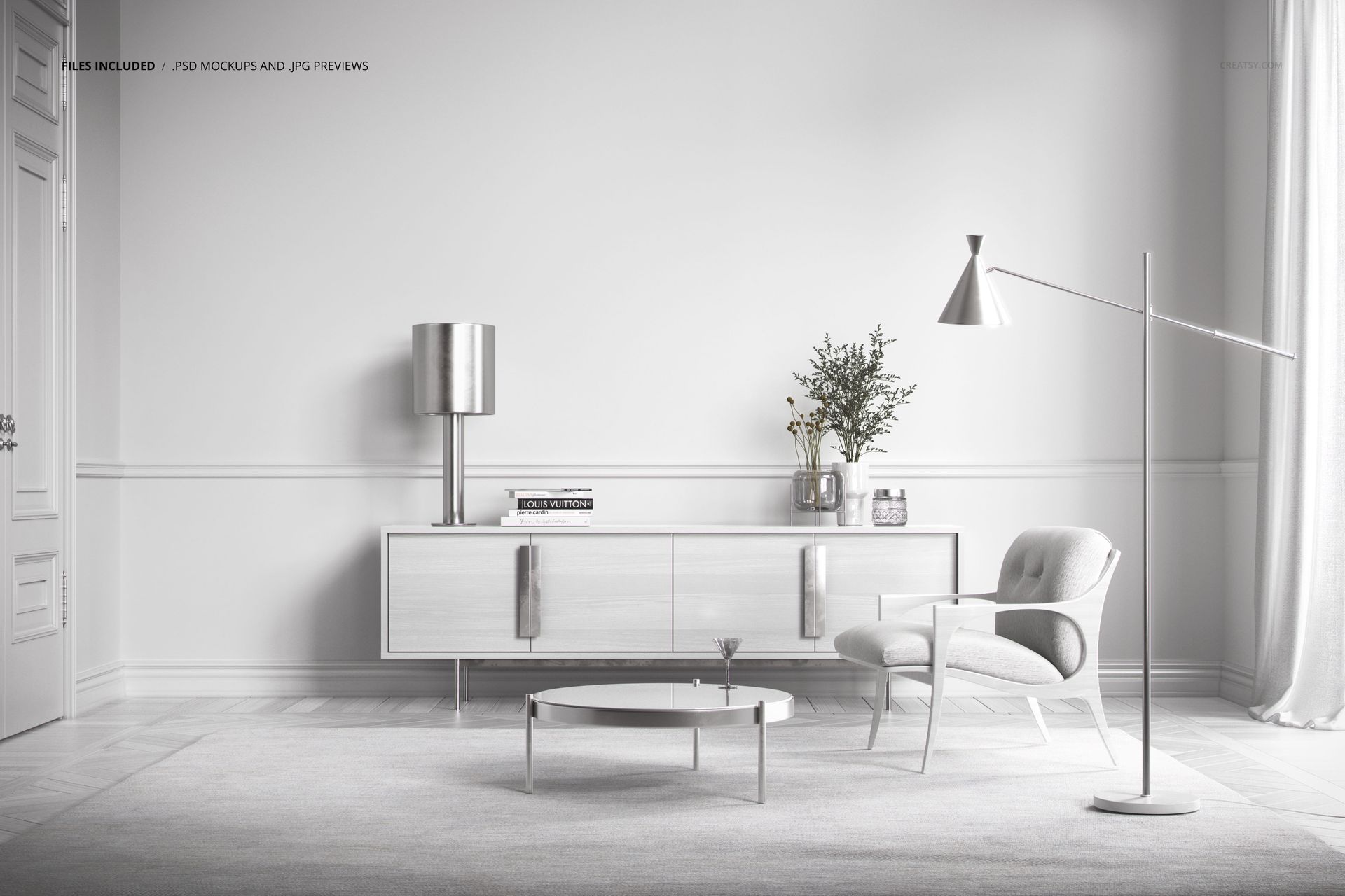 Modern mid-century living room mockup with white wallpaper, light furniture, and metallic lamps in front view.