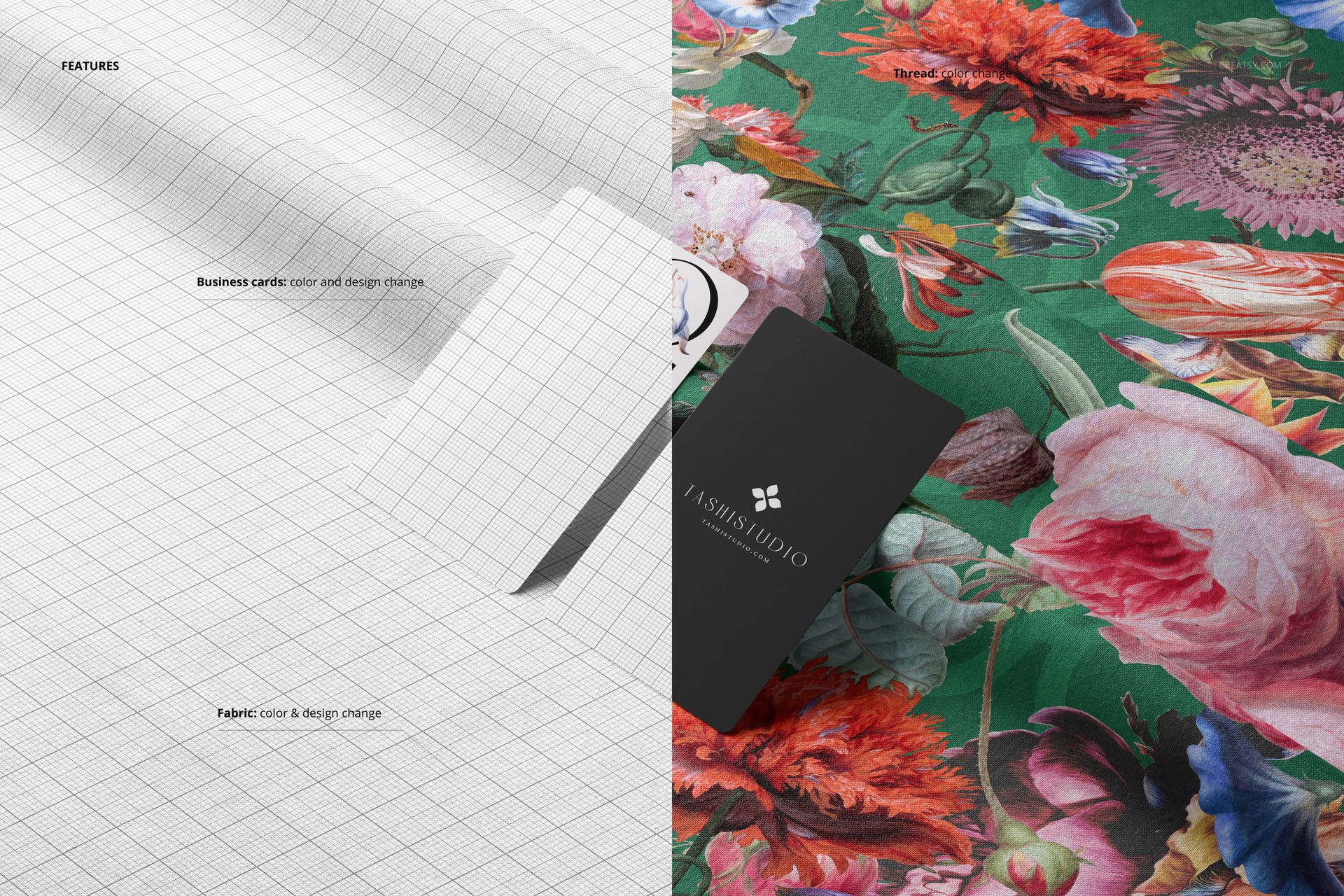 Closeup of cotton fabric mockup with business cards, showing a split view of plain grid and colorful floral pattern.
