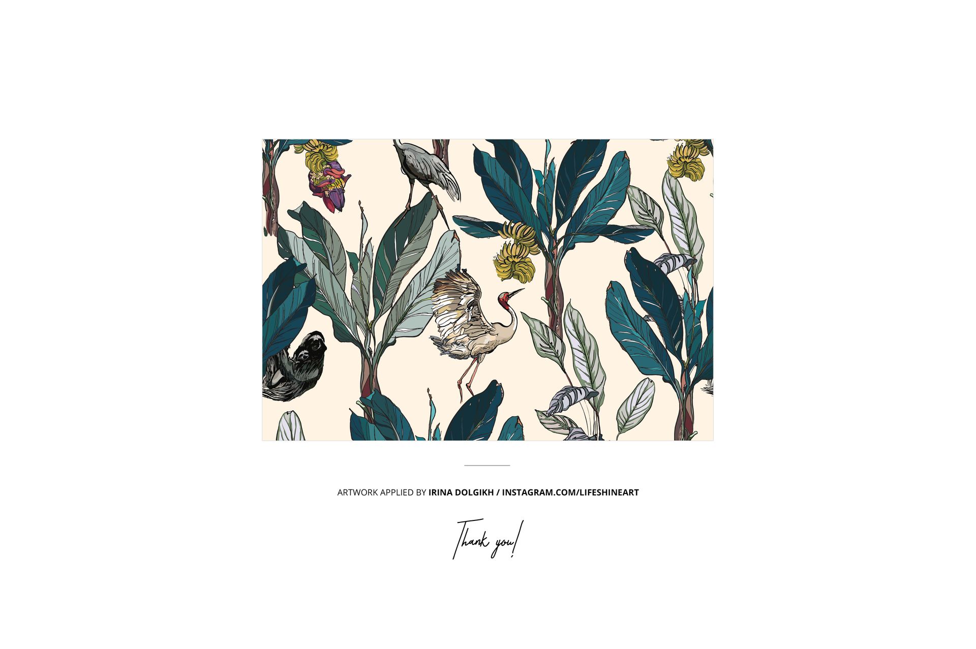 Rectangular mockup featuring a botanical pattern with large green leaves, birds, and flowers on a light background.