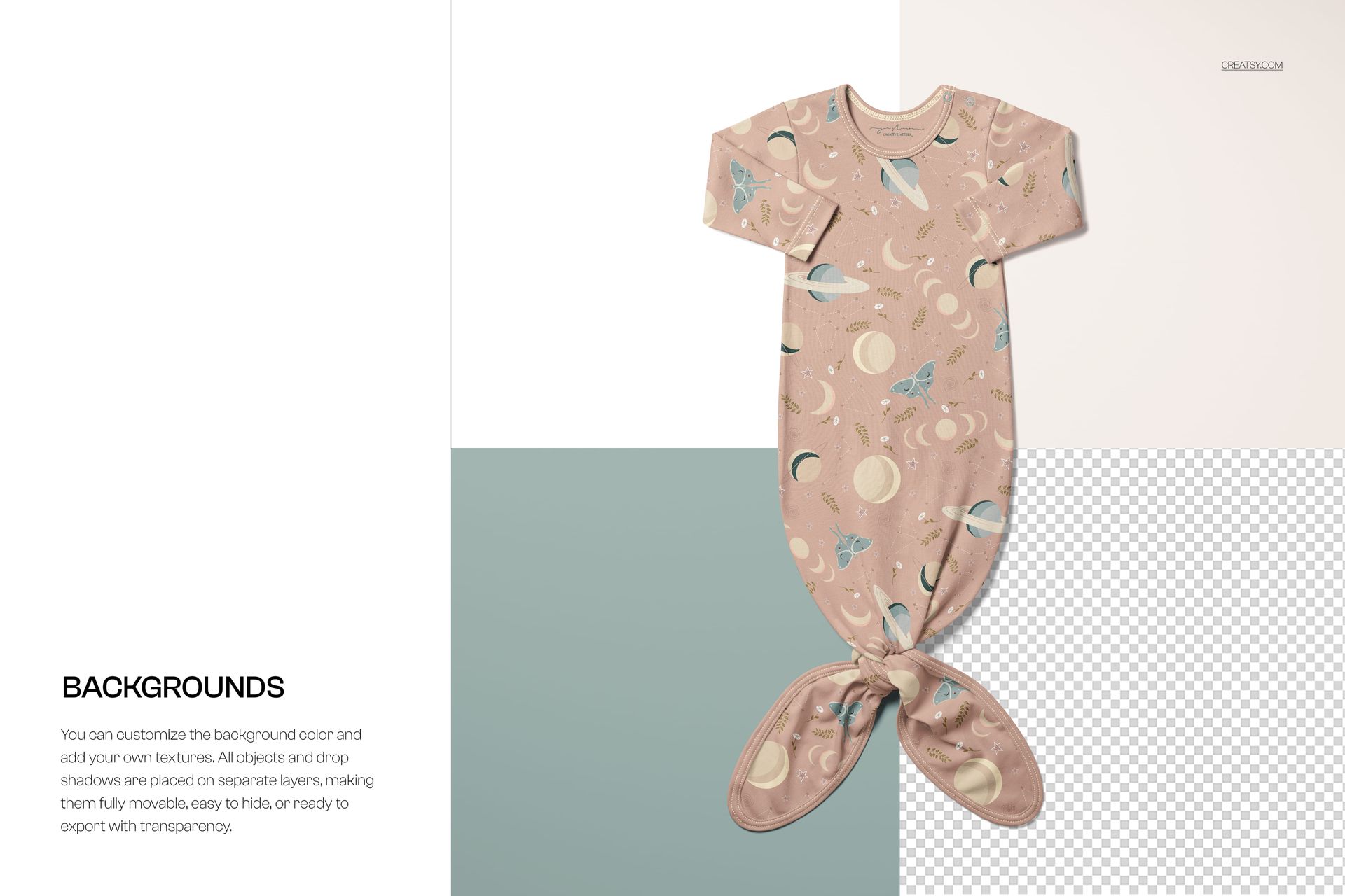 Baby knotted gown mockup featuring a pink fabric with moons and rockets, shown on a multi-section background.