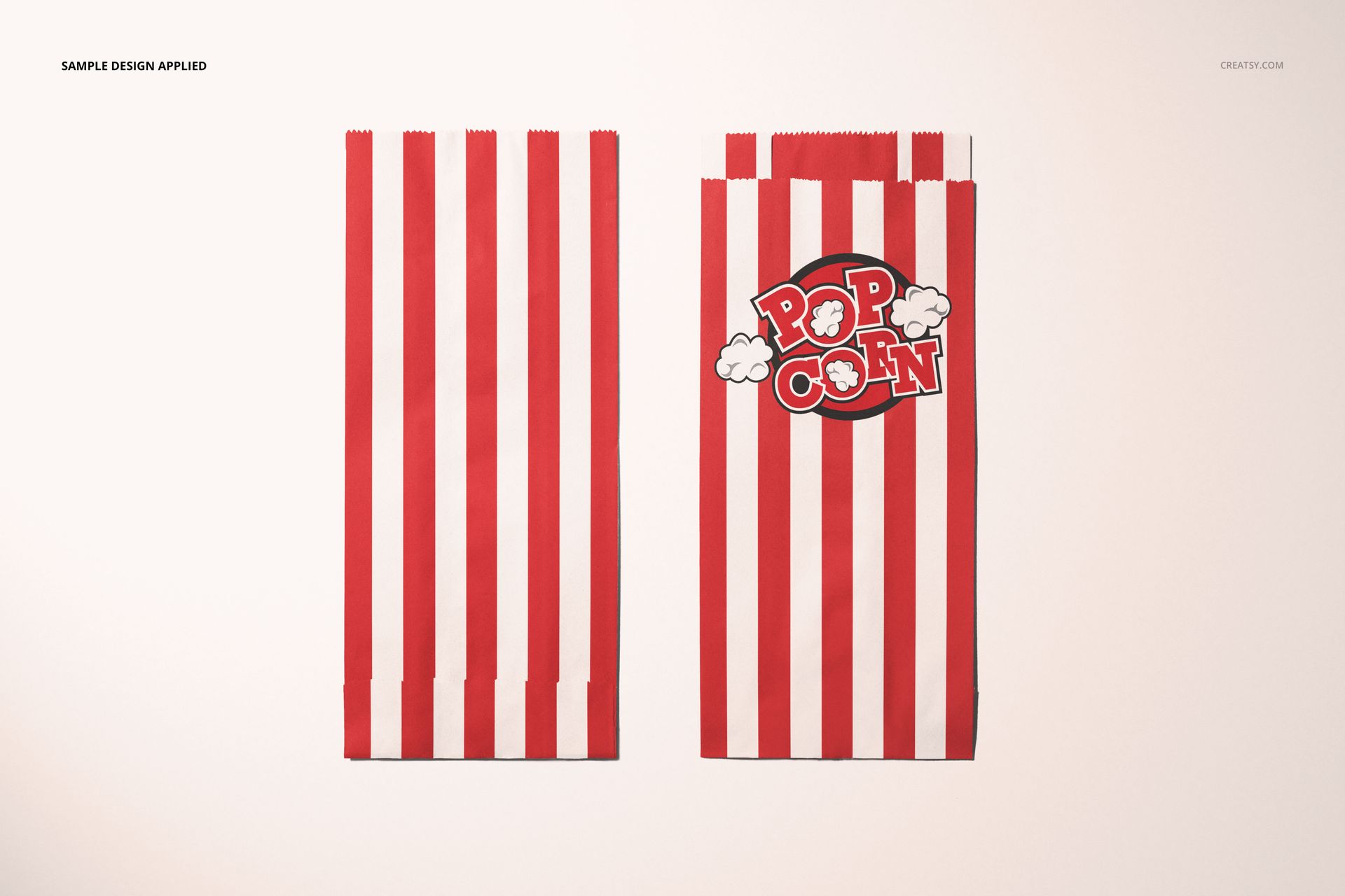 Mockup of striped popcorn paper bags, arranged side by side, with one bag displaying a popcorn-themed graphic.