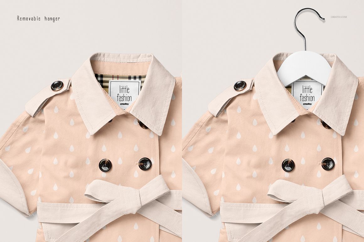 Front view of a baby coat mockup in soft beige with white drop pattern, shown on a removable hanger and flat surface.