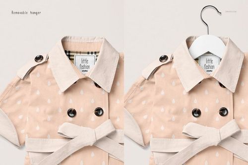 Front view of a baby coat mockup in soft beige with white drop pattern, shown on a removable hanger and flat surface.