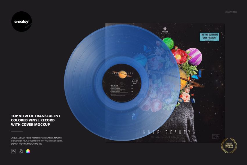 Top view of a translucent blue vinyl record placed over a colorful album cover, shown in a mockup scene.