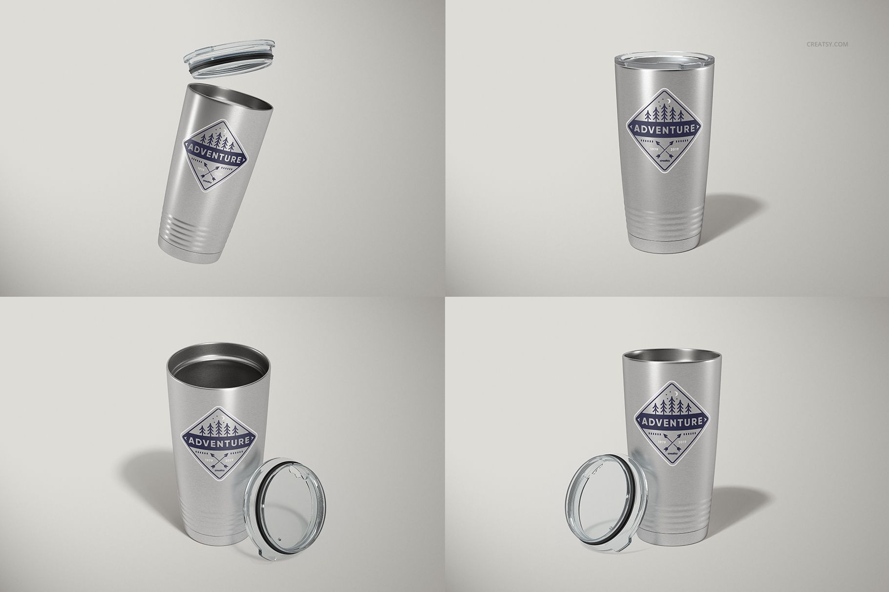 Four stainless steel 20oz tumblers are shown on a light background, each with a clear lid and geometric logo design.