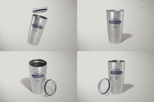 Four stainless steel 20oz tumblers are shown on a light background, each with a clear lid and geometric logo design.