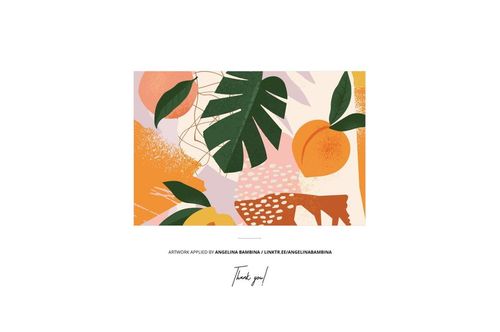 Jersey fabric roll mockup featuring a colorful abstract pattern with green leaves and orange fruit shapes, front view.