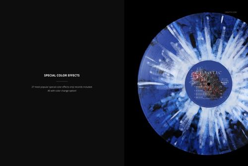 PSD mockup of a round vinyl record with vivid blue and white marbled pattern, set on a solid black background.