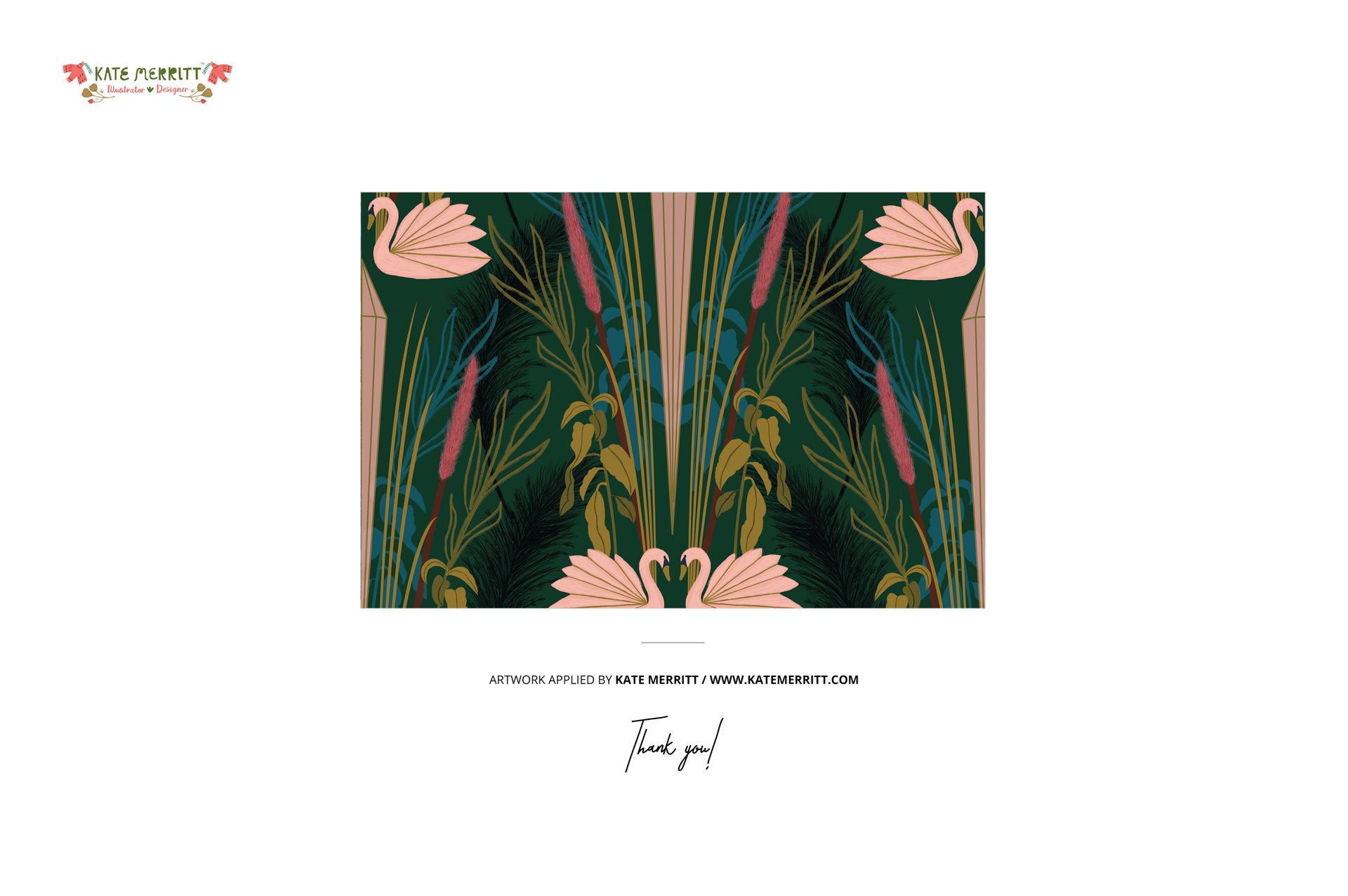 Front view of a modern art deco bathroom mockup featuring a symmetrical pattern with pink swans, green leaves, and tall grasses.