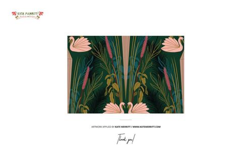 Front view of a modern art deco bathroom mockup featuring a symmetrical pattern with pink swans, green leaves, and tall grasses.