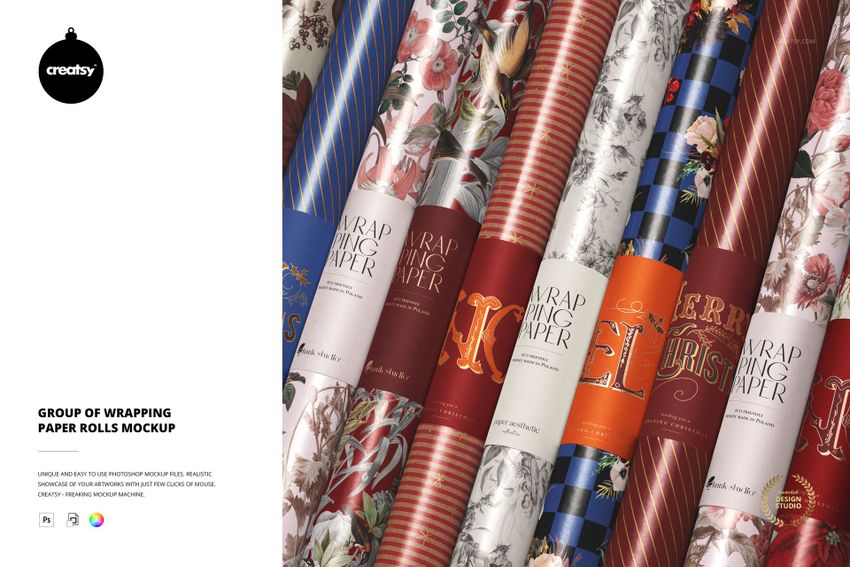 Group of Wrapping Paper Rolls Mockup - mockup screenshot 1