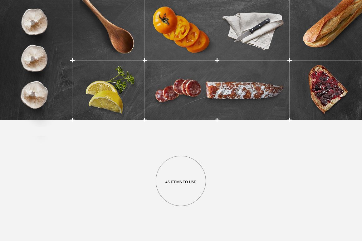Slate plate mockup featuring a top view of various food items and props arranged on a dark textured surface.