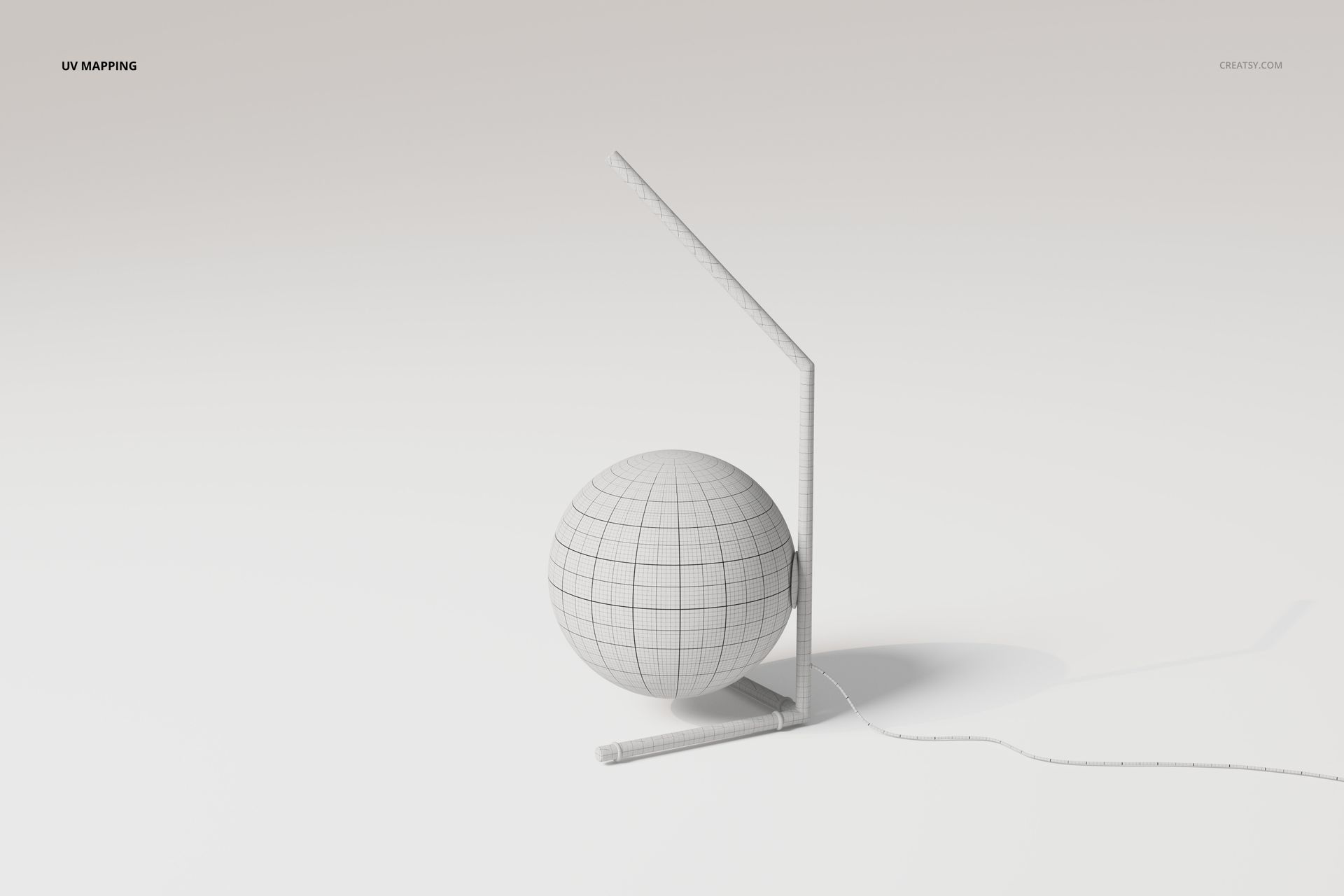 Minimalist globe accent lamp 3D model with a spherical base and angular stand, shown on a light background.