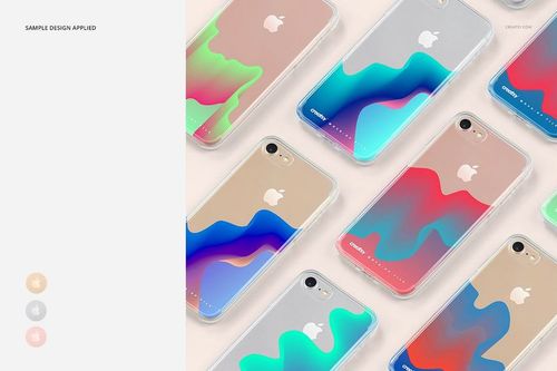 Top view of iPhone 7 clear case mockups featuring vibrant gradient artwork, displayed in a neat diagonal layout.