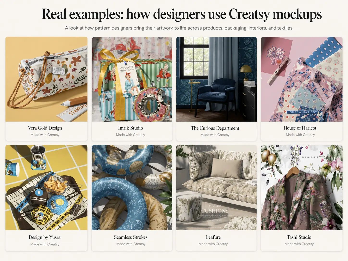 Designer patterns on pouches, gift wrap, bedding, scarves and stationery, each credited Made with Creatsy