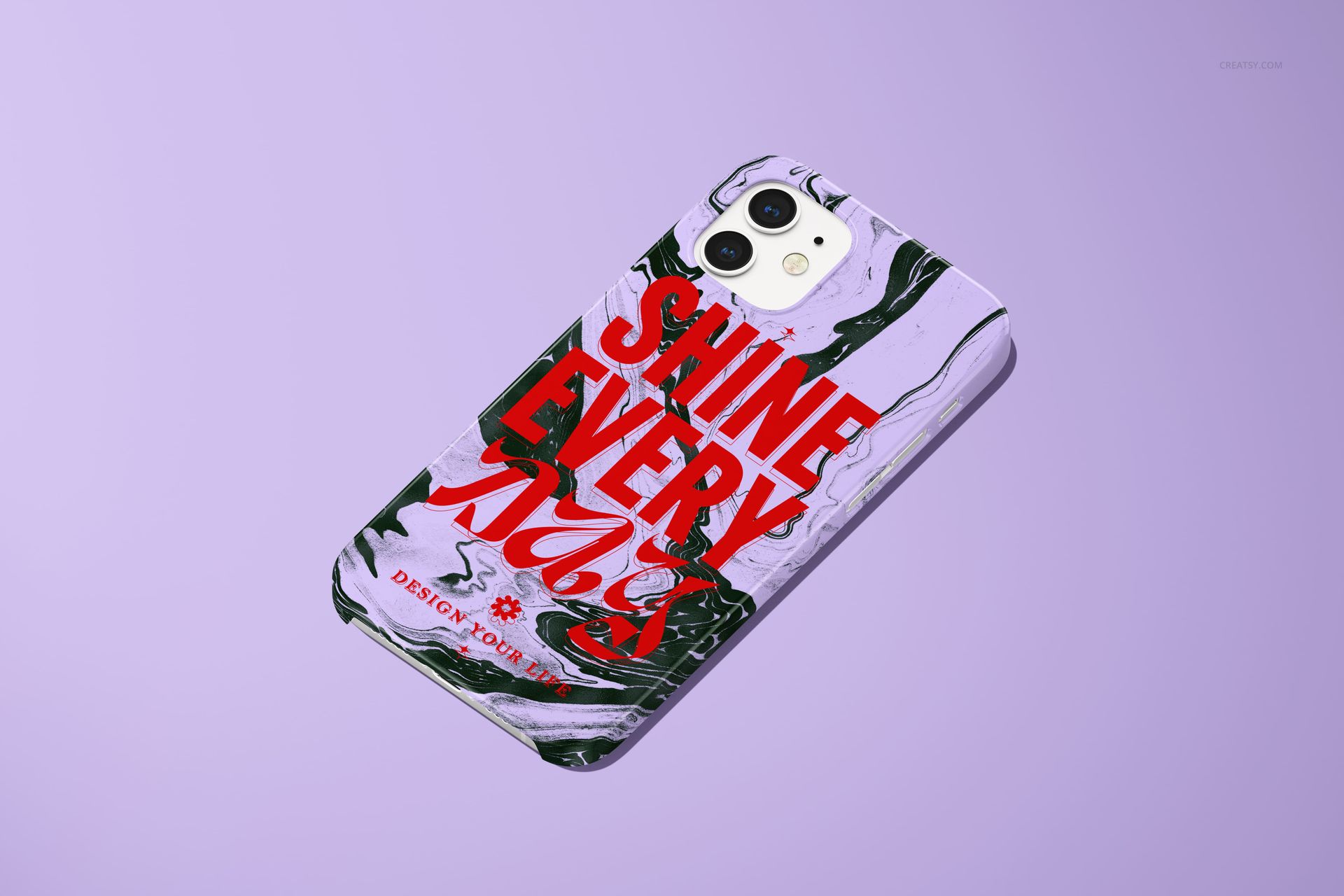 iPhone 12 case mockup featuring a glossy finish, marble-style design in green and black, and large red lettering.