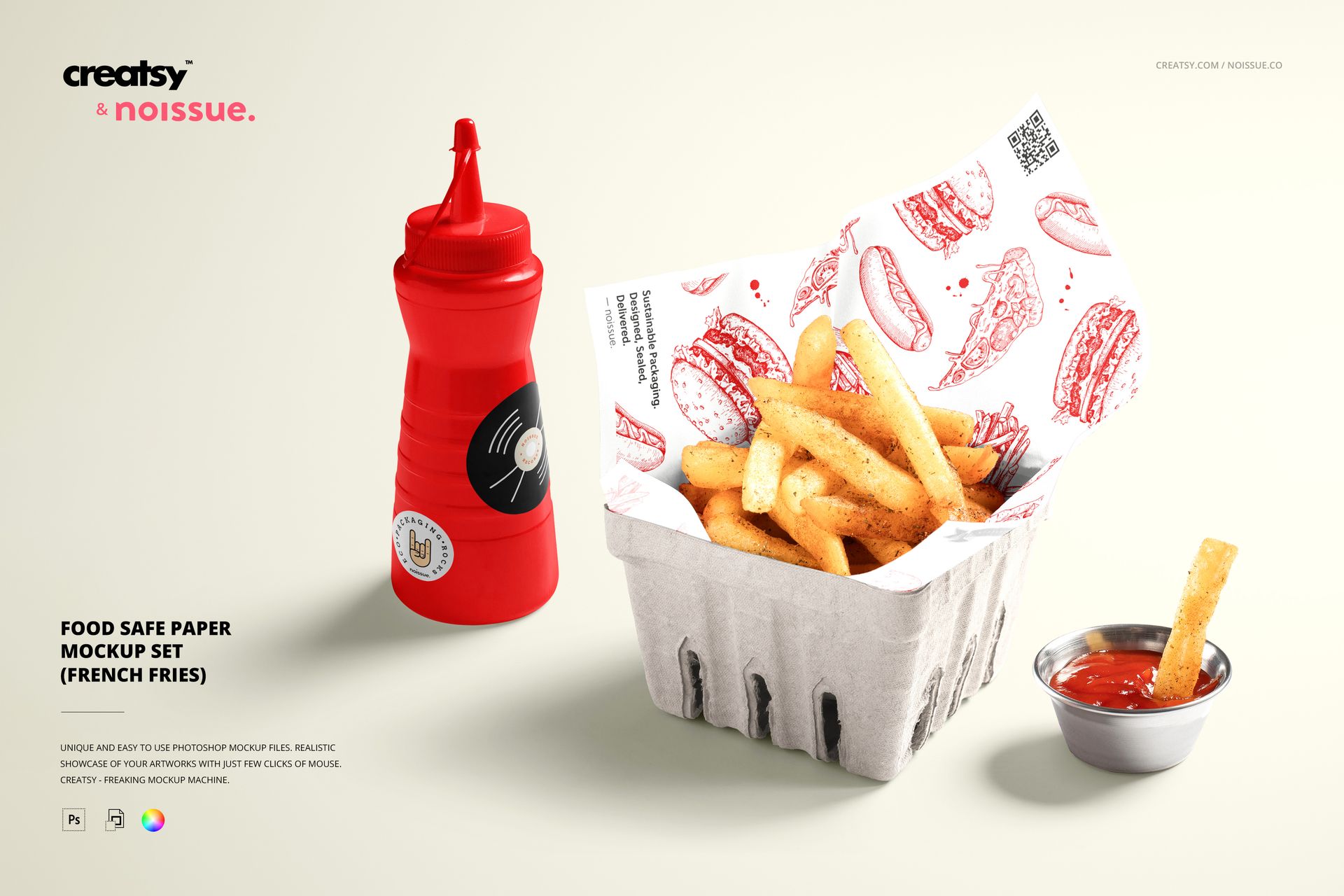 Noissue food safe paper mockup featuring fries in a white tray, patterned liner, and ketchup in a small metal dish.