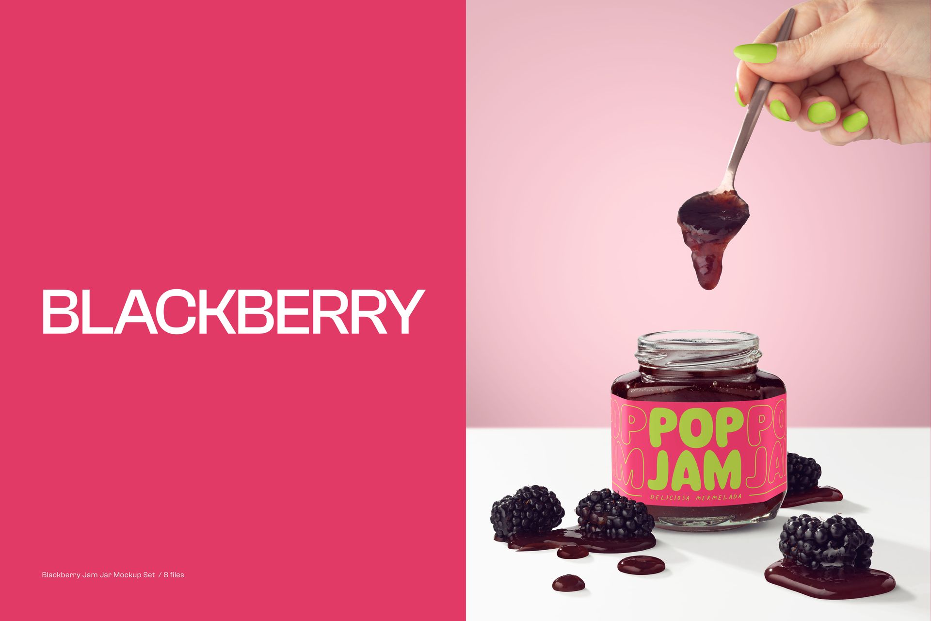 PSD mockup showing a glass jam jar with colorful label, fresh blackberries, and a hand holding a spoon with jam.