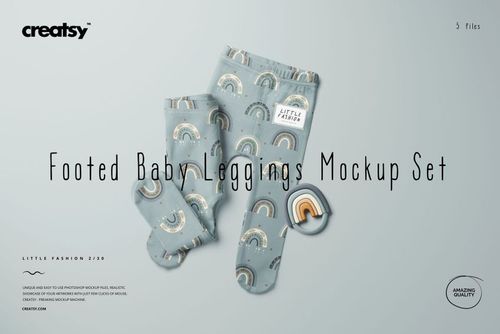 Footed baby leggings in a mockup set, displayed in a front view with a soft blue background and rainbow pattern.