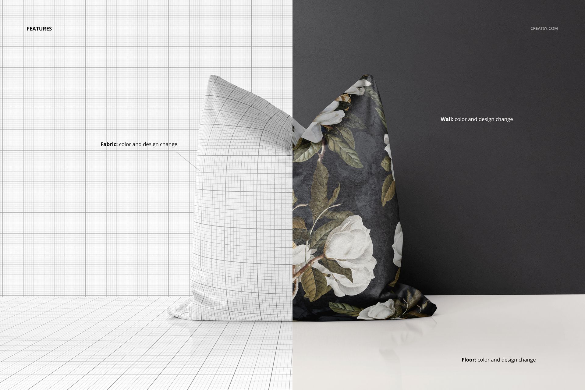 Decorative velvet pillow mockup displayed in a split scene, with one half showing grid lines and the other a floral pattern.