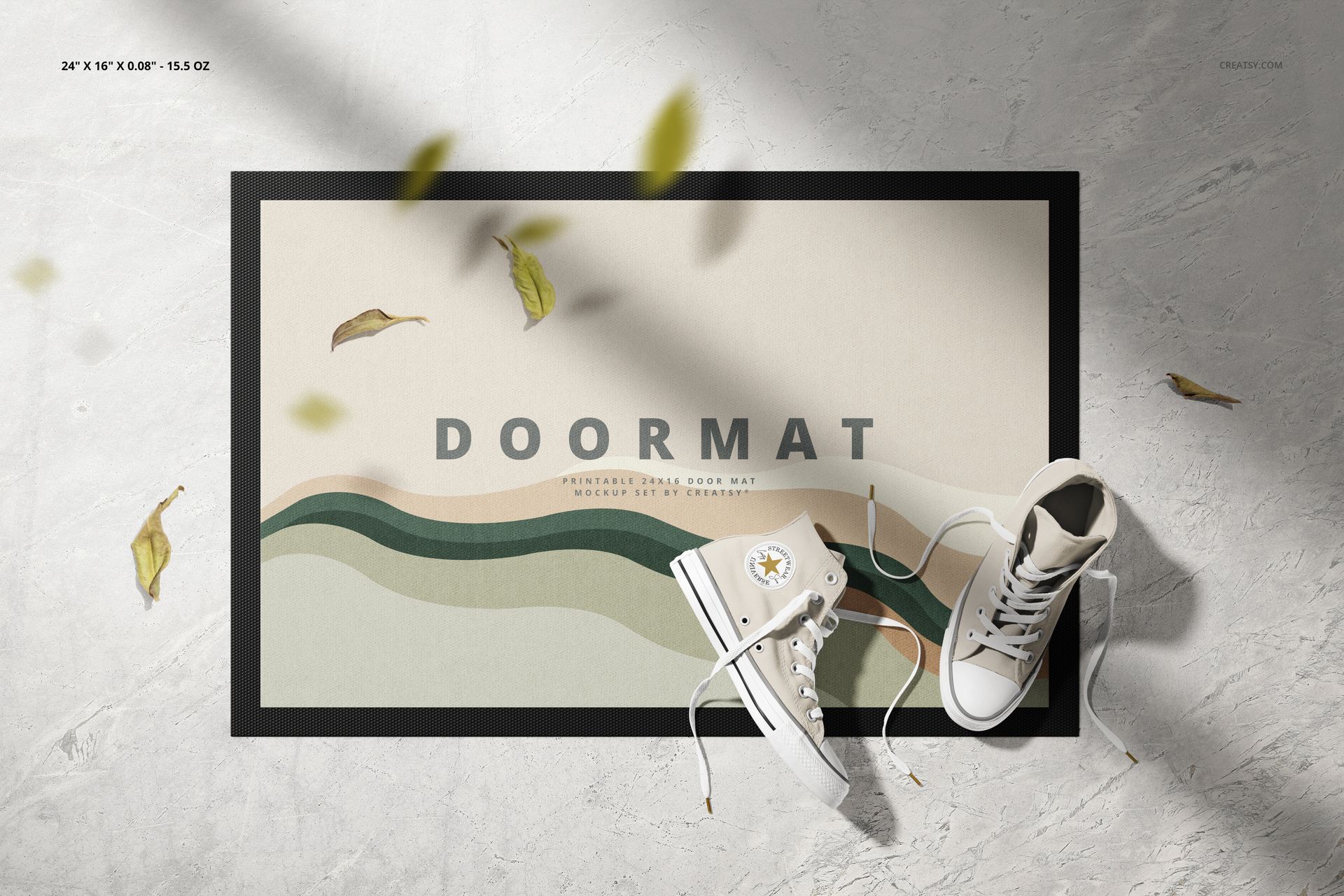 Door mat mockup featuring a beige mat with green waves, viewed from above, placed on a textured floor with shoes and leaves.