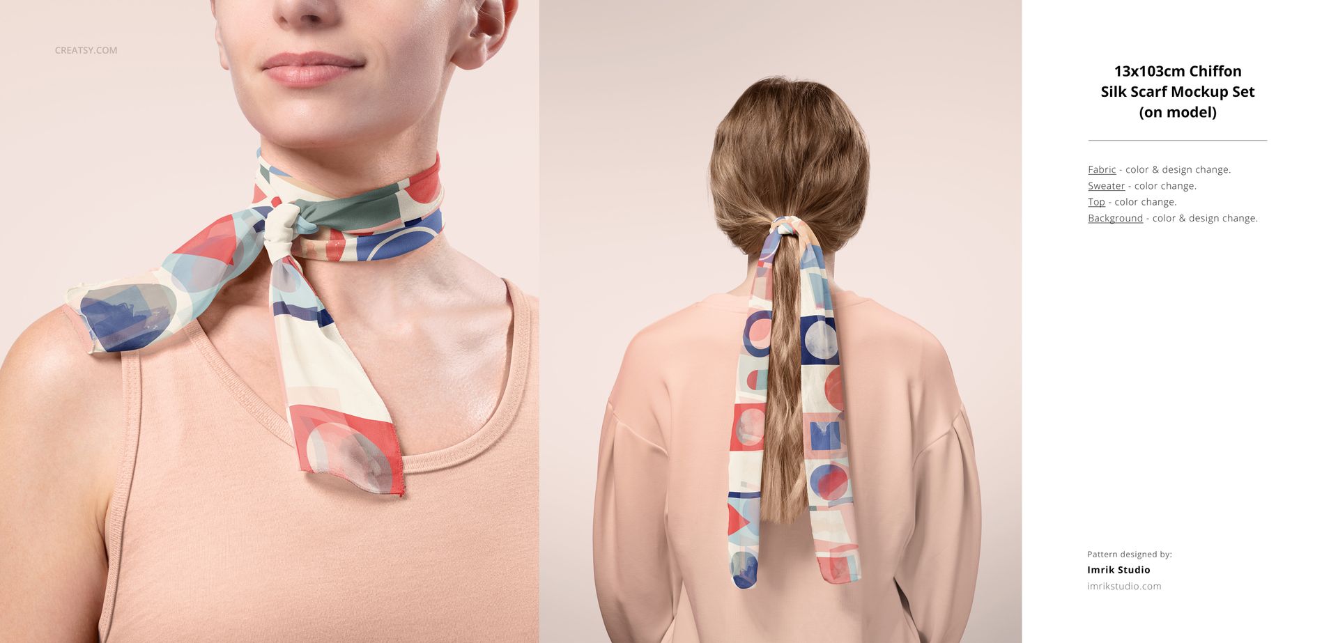 PSD mockup of a fabric scarf on a person, highlighting colorful abstract designs and soft textures in a studio setting.