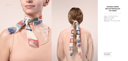PSD mockup of a fabric scarf on a person, highlighting colorful abstract designs and soft textures in a studio setting.