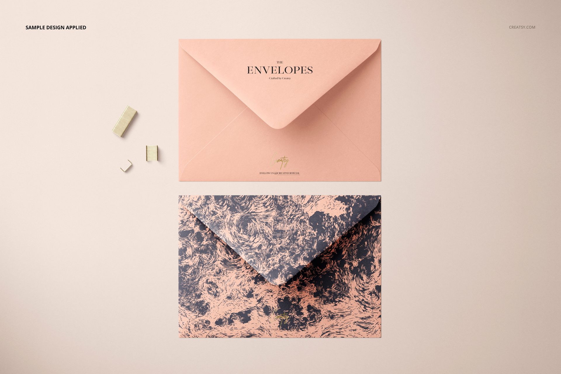 Stationery mockup showing two C6 envelopes, one with a minimalist peach design and one with an artistic marbled pattern.