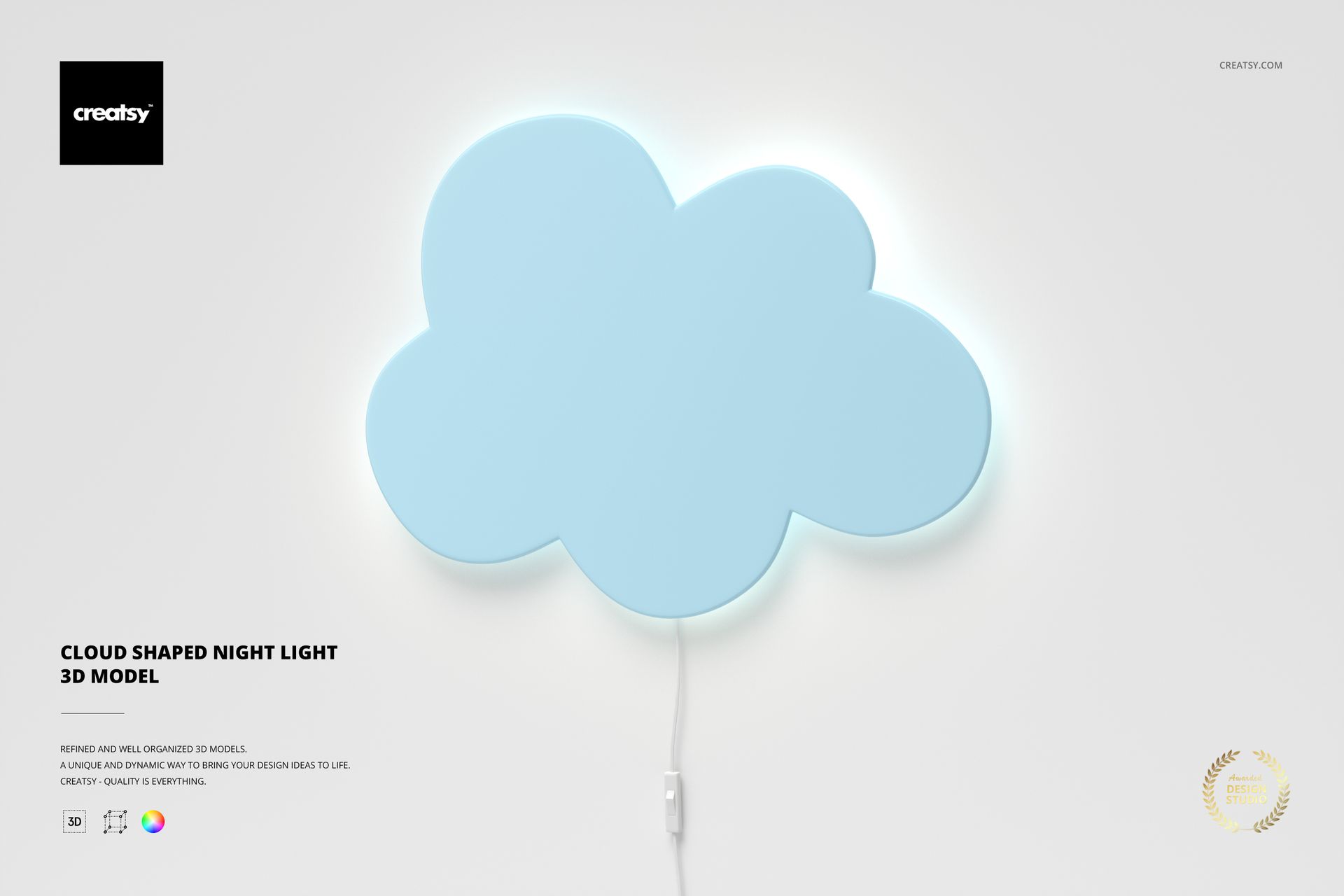 Front view of a cloud-shaped night light in pastel blue, glowing softly against a plain white background.