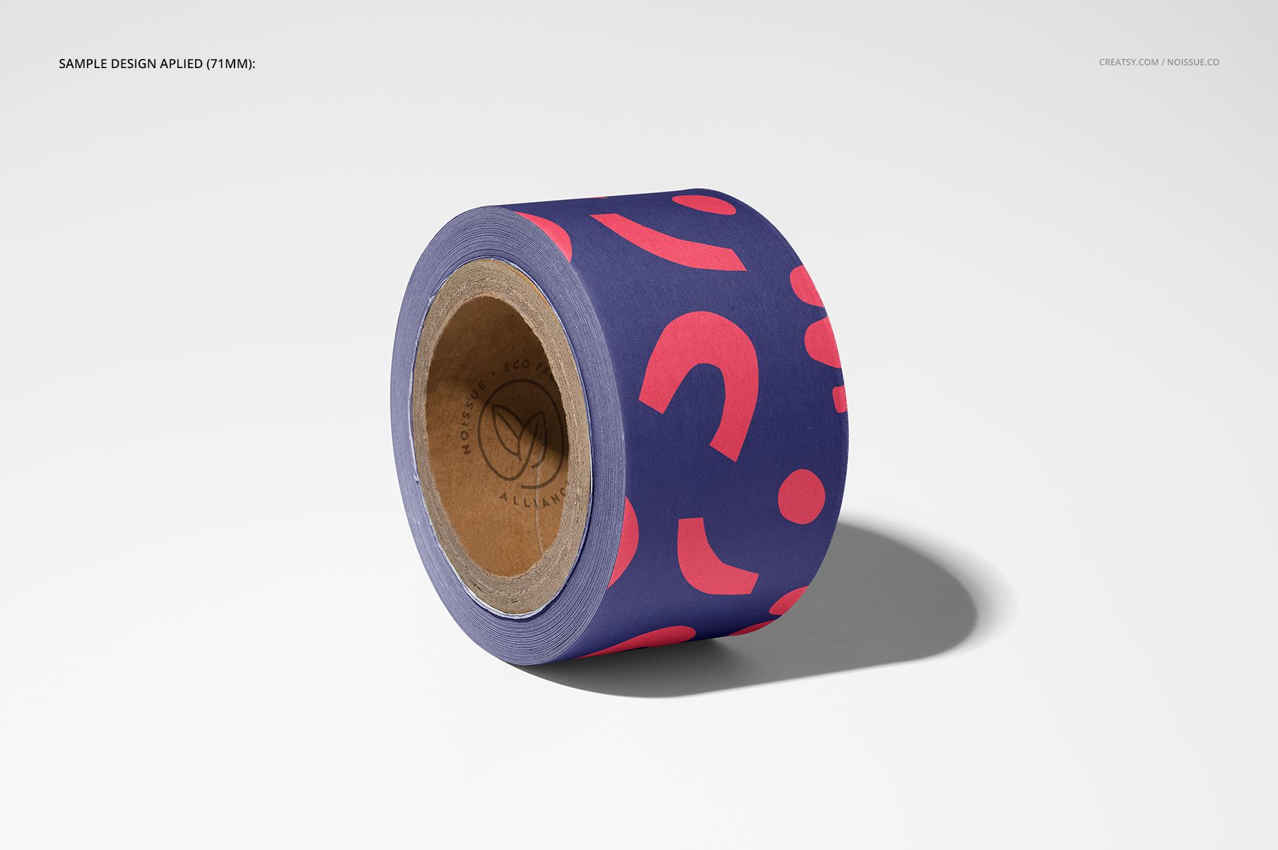 Single roll of packing tape featuring a vibrant purple and pink abstract pattern, displayed in a realistic PSD mockup scene.