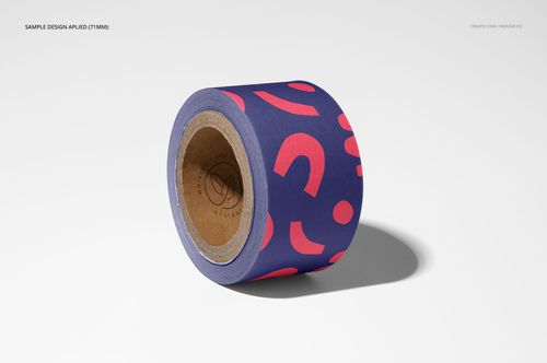 Single roll of packing tape featuring a vibrant purple and pink abstract pattern, displayed in a realistic PSD mockup scene.