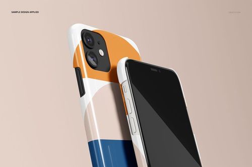 Glossy iPhone 11 snap case mockup with abstract color blocks in orange, blue, and beige, displayed in front and back view.