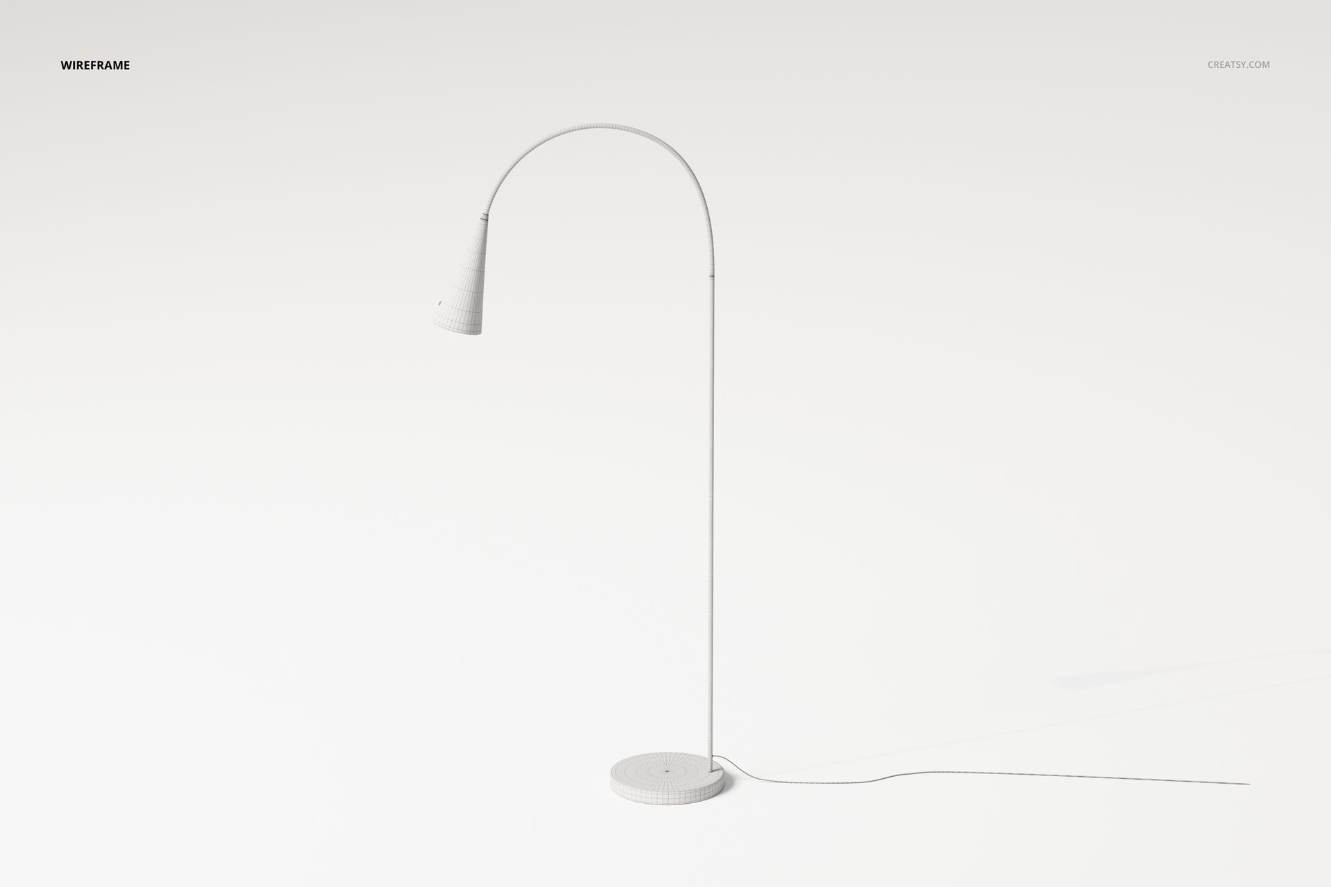Minimalist mid-century arc floor lamp in white, shown in a wireframe style on a plain light background.