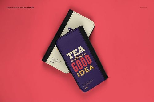 Foldable iPhone X case mockup with one case in cream and another in purple, displayed on a solid pink background.