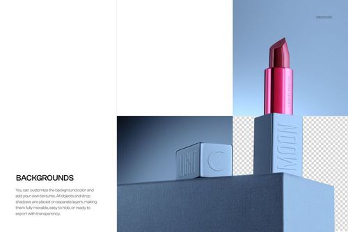 PSD mockup showing a lipstick on a textured pedestal, illuminated by soft lighting and surrounded by blue hues.